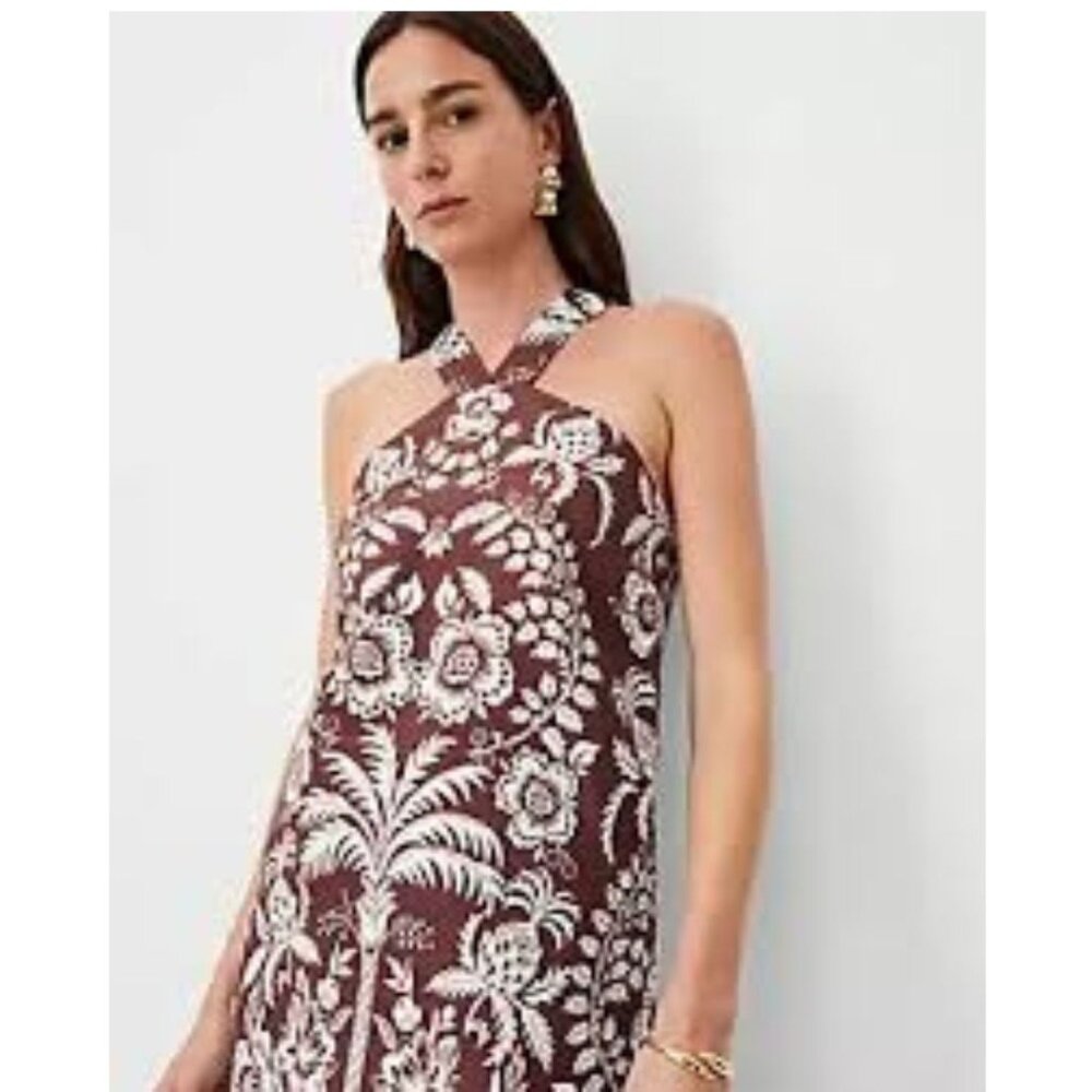 ANN TAYLOR "Palm" Cotton/Linen Halter Shift Mini Dress Brown/White 16